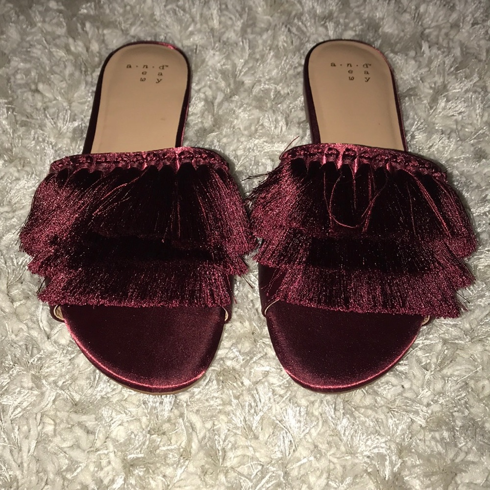 burgundy tassel slide sandals
